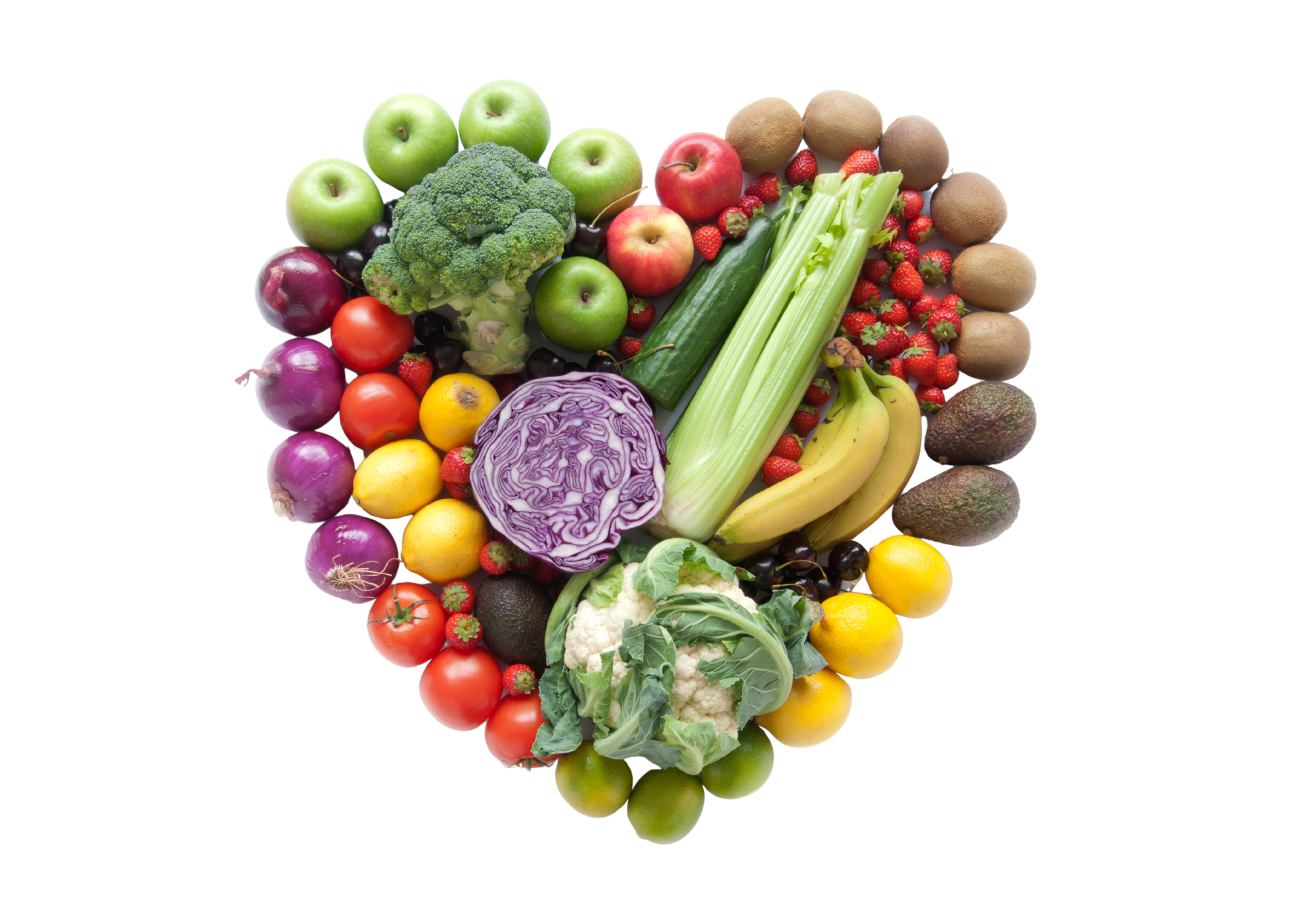 heart-shaped grouping of fruits and vegetables